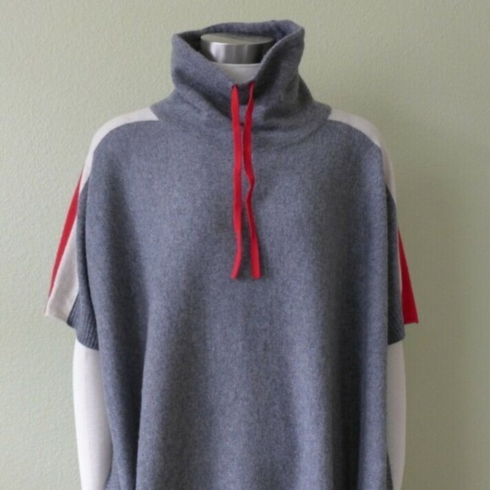 Gray Tahari Cashmere Merino Wool Drawsting Mock Neck Poncho Sweater (NWT)